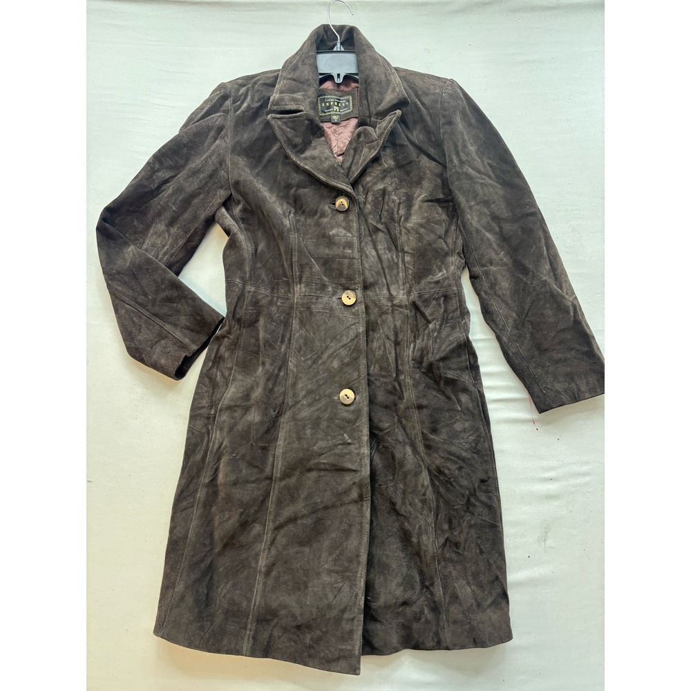 Vintage Express Brown Suede Leather Trench Coat Long Jacket Womens Small